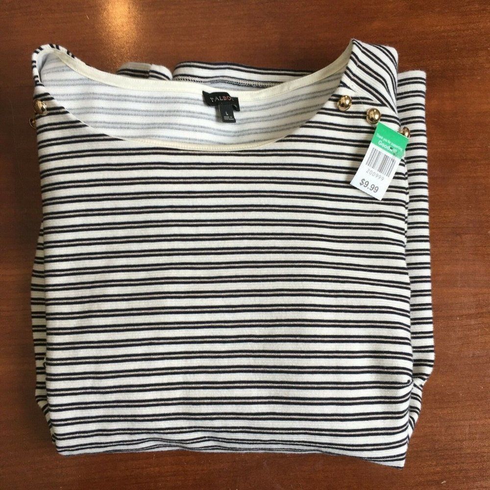 Talbots Striped Long Sleeve Shirt Gold Studs Ruffl